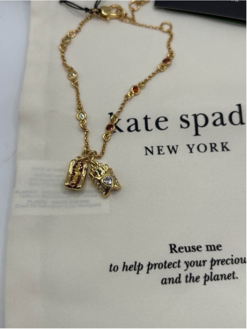 Kate Spade New York Hot Dog & Fries Charm Bracelet Gold Tone NWT - Picture 4 of 5